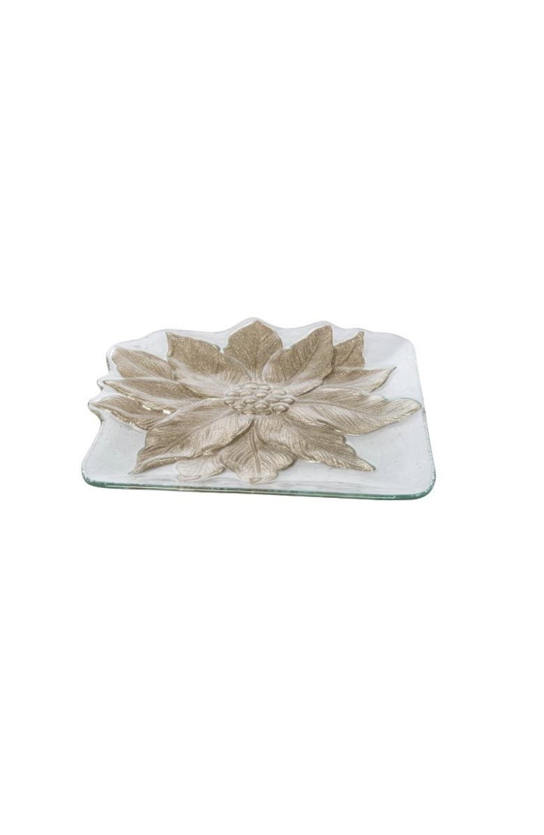 Gallerie II Poinsettia 100% Glass Square Christmas Plate Tray 13", Alternate, color, Red