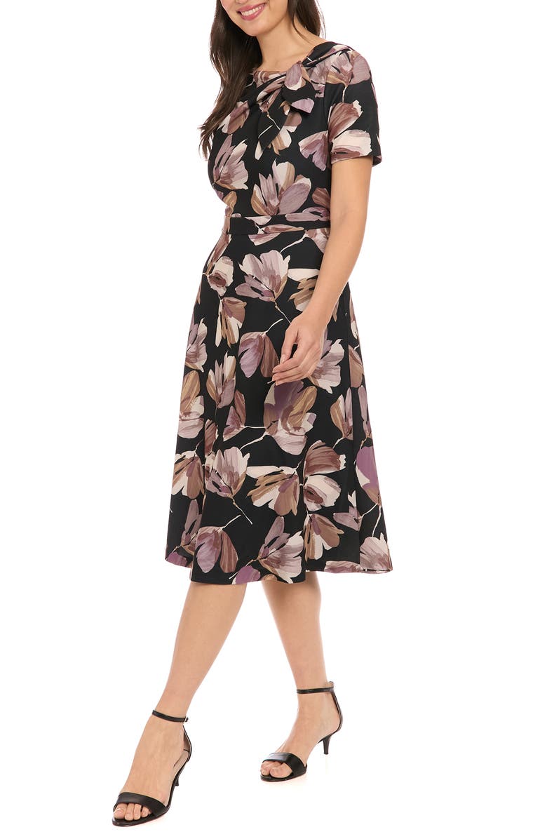 London Times Print Tie Neck Scuba Fit & Flare Dress, Alternate, color, Black/ Neutral