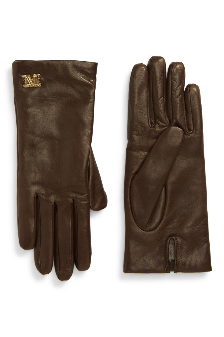 Logo Hardware Leather Gloves, Main, color, DARK BROWN
