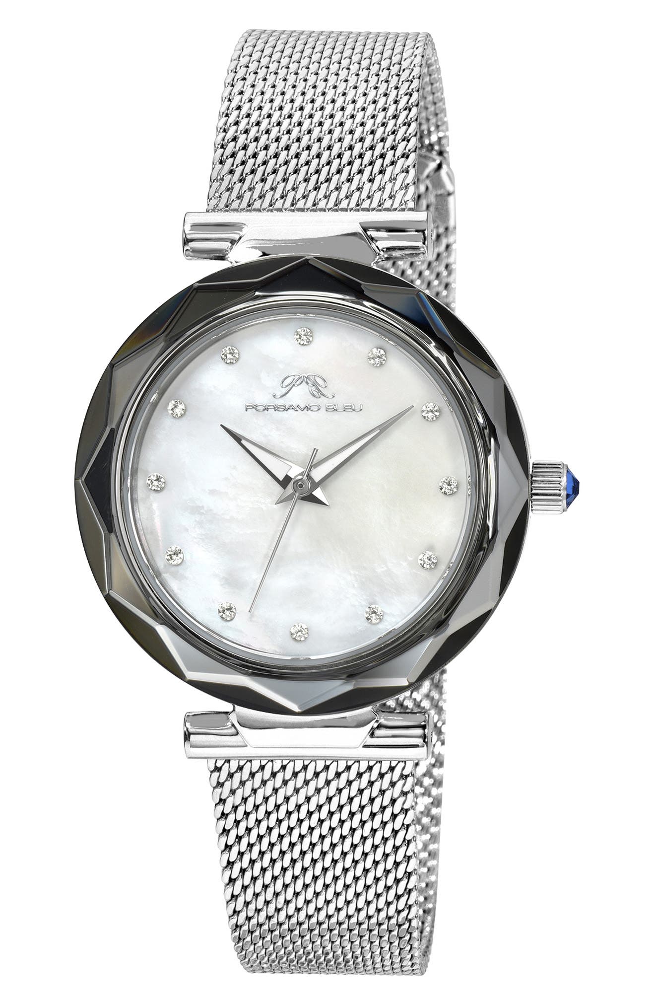 PORSAMO BLEU Hazel White Topaz Mother of Pearl Dial 3-Hand Quartz Mesh Strap Watch, 33mm