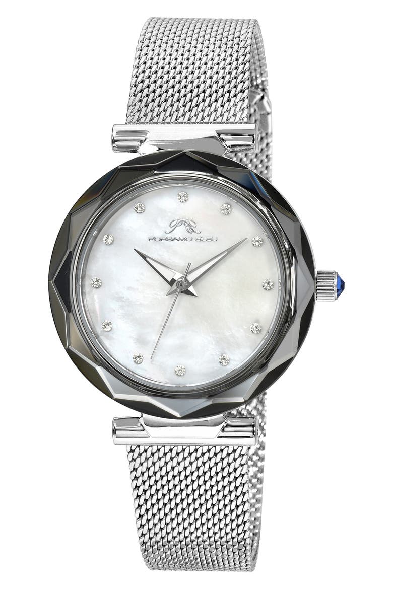 Hazel White Topaz Mother of Pearl Dial 3-Hand Quartz Mesh Strap Watch, 33mm, Main, color, SILVER