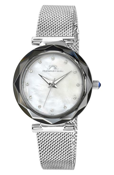 Hazel White Topaz Mother of Pearl Dial 3-Hand Quartz Mesh Strap Watch, 33mm