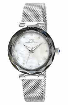 PORSAMO BLEU Hazel White Topaz Mother of Pearl Dial 3-Hand Quartz Mesh Strap Watch, 33mm