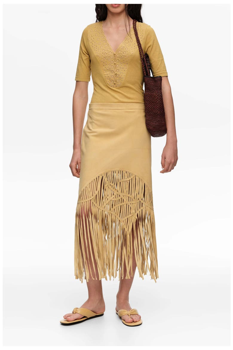 Suede Midi Skirt With Irregular Fringes, Alternate, color, MUSTARD