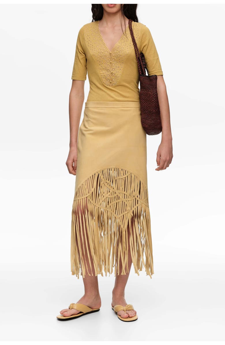 Bimba y Lola Suede Midi Skirt With Irregular Fringes, Alternate, color, Mustard