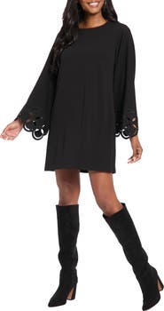 London Times Embroidered Long Sleeve Trapeze Dress
