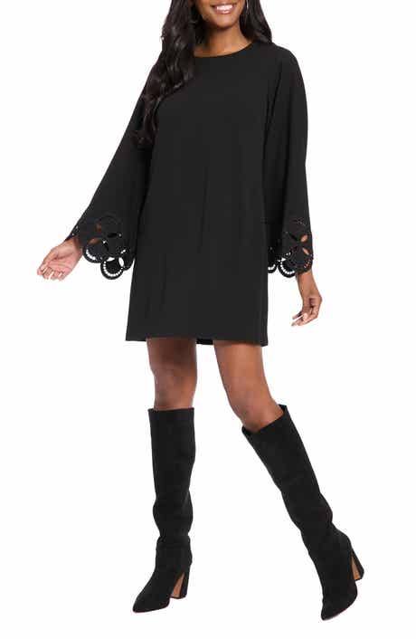 London Times Embroidered Long Sleeve Trapeze Dress