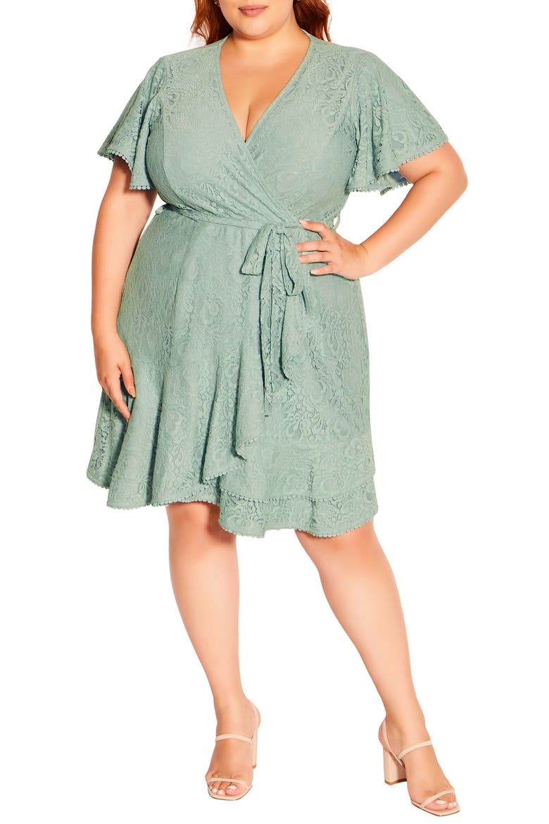 Lace Faux Wrap Minidress, Main, color, SEAFOAM