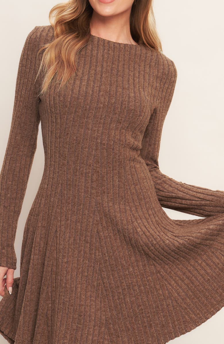 FLYING TOMATO Long Sleeve Rib Minidress, Alternate, color, Brown