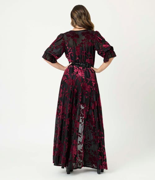 Unique Vintage Plus Size Floral Velvet Burnout Duster In Black