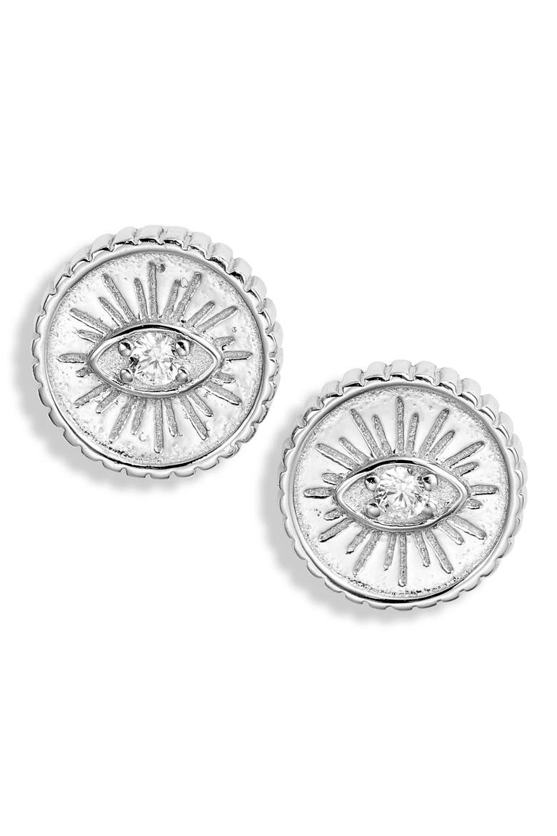 Crystal Coin Stud Earrings, Main, color, RHODIUM