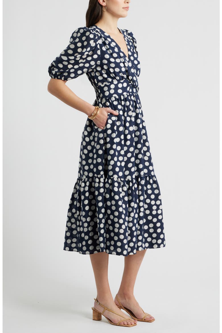 Twist Detail Allover Print Midi Dress, Alternate, color, NAVY- IVORY ANNIE DOT