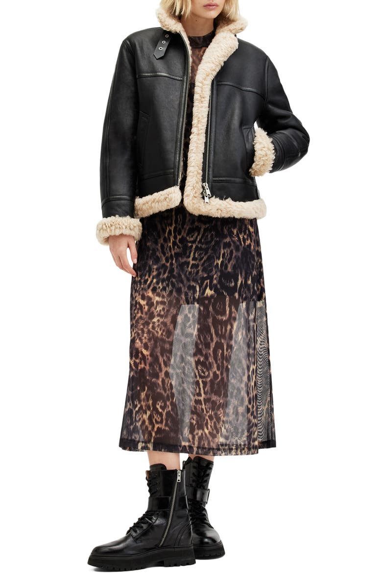 AllSaints Lorel Leather & Genuine Shearling Flying Jacket, Alternate, color,