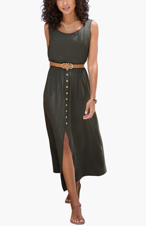 Button Detail Front Slit Dress