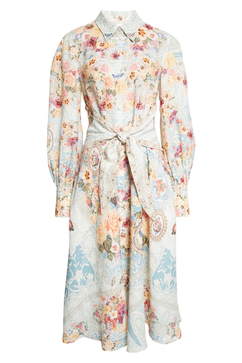 Floral Long Sleeve Waist Tie Linen Shirtdress, Alternate, color, A TASTE FOR LACE