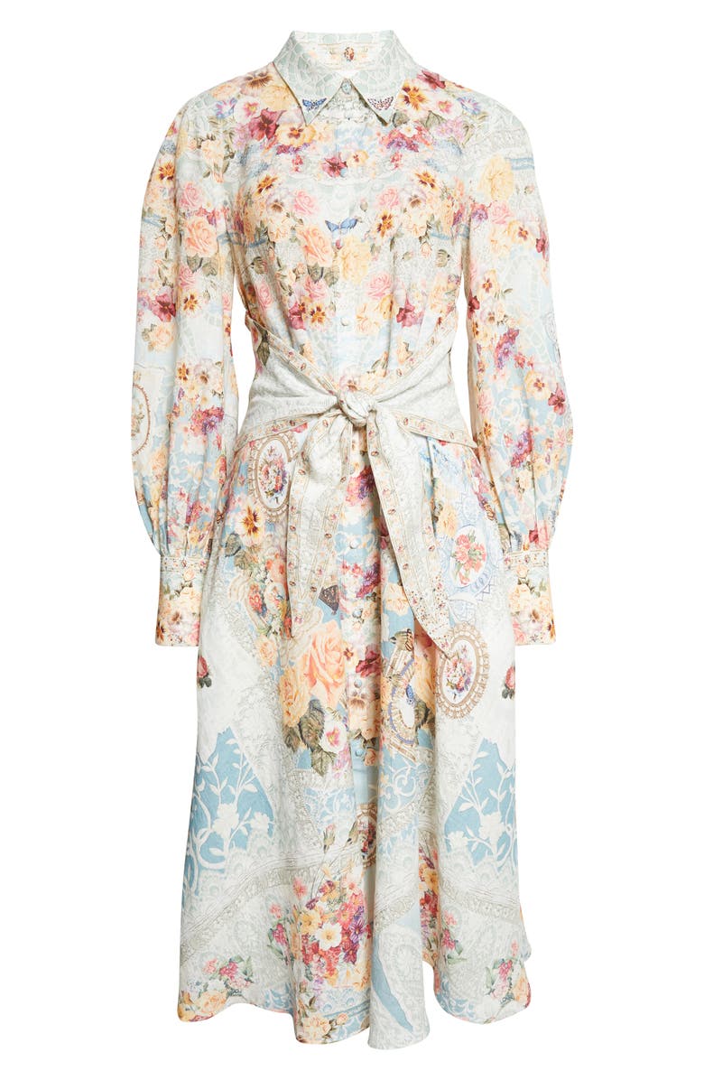 Camilla Floral Long Sleeve Waist Tie Linen Shirtdress, Main, color, A Taste For Lace