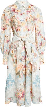 Camilla Floral Long Sleeve Waist Tie Linen Shirtdress