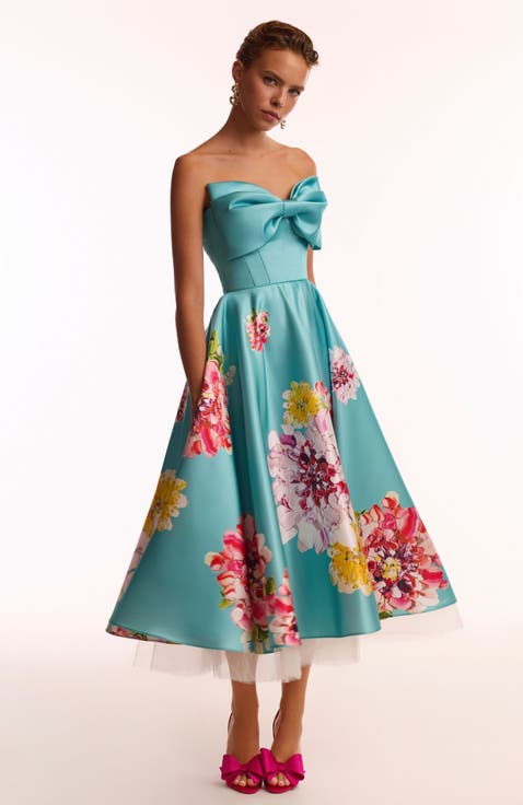 A-Line Satin Floral Print Midi Dress for Cocktail Events