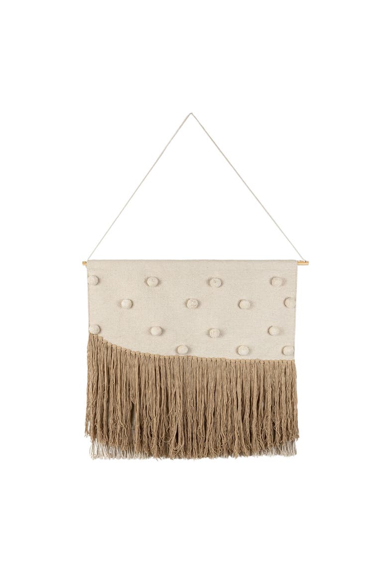 Hand Woven with Poms and Fringe Wall Art Cotton & Wood Dowel, Main, color, White