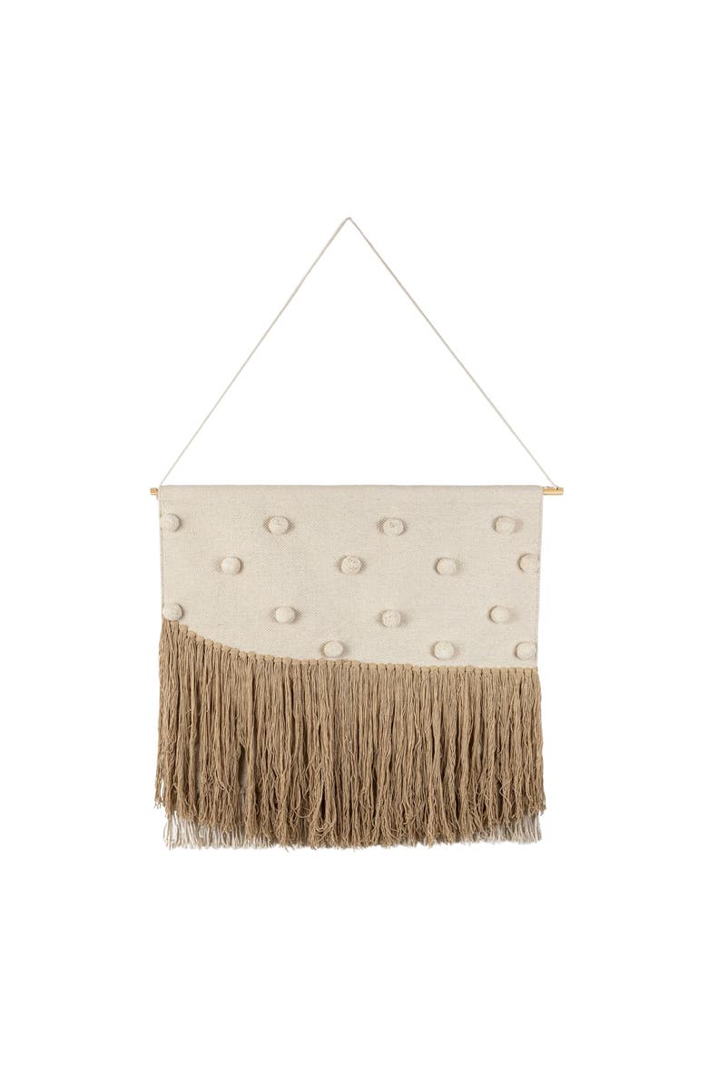 Foreside Home and Garden Hand Woven with Poms and Fringe Wall Art Cotton & Wood Dowel, Main, color, White