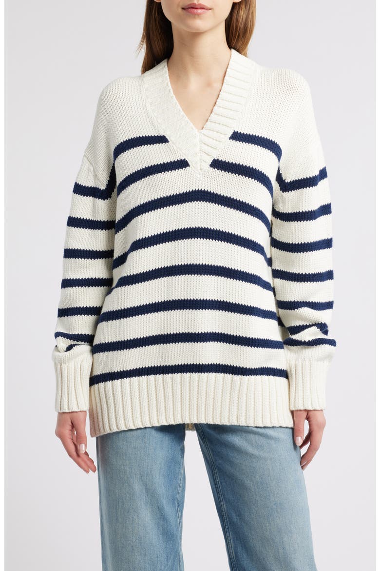 Penny Stripe V-Neck Cotton Sweater, Main, color, IVORY NAVY STRIPE