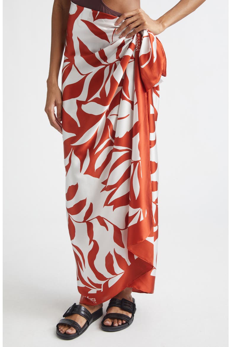 Beachwear Foam Leaf Print Silk Scarf, Alternate, color, CORAL