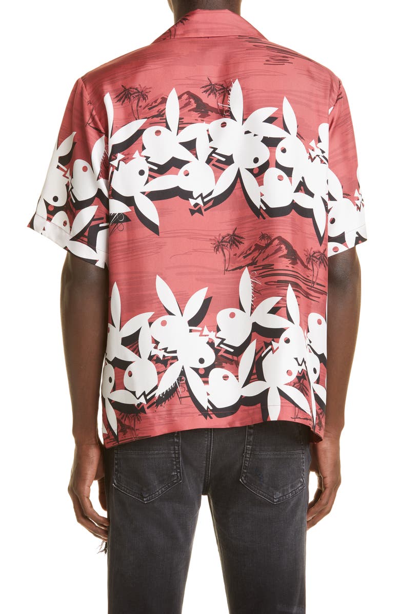 AMIRI Playboy Bunny Logo Silk Camp Shirt, Alternate, color,