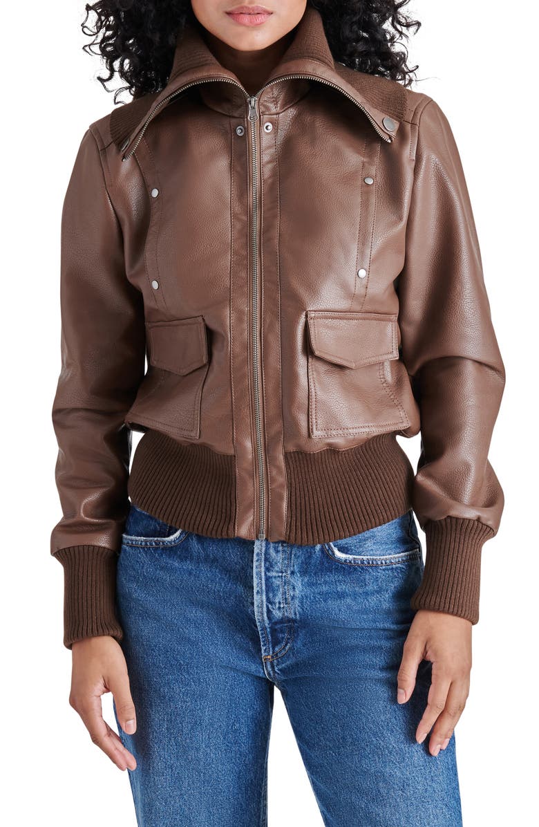 Steve Madden Caprice Faux Leather Bomber Jacket, Main, color, 