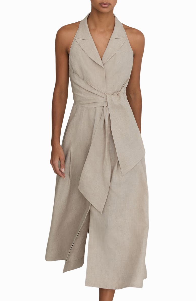 Reiss Tara Sleeveless Linen Midi Dress, Alternate, color, Neutral