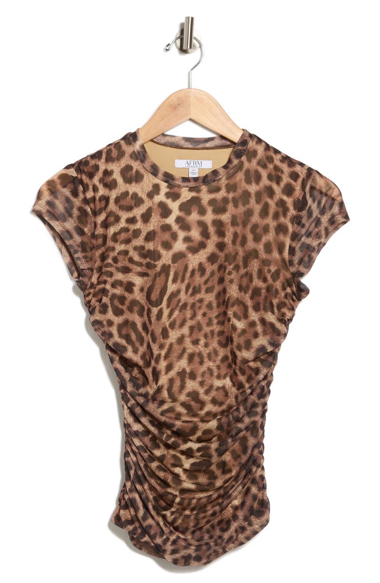 AFRM LOS ANGELES Lacey Cap Sleeve Ruched Mesh Top, Alternate, color, Cocoa Cheetah