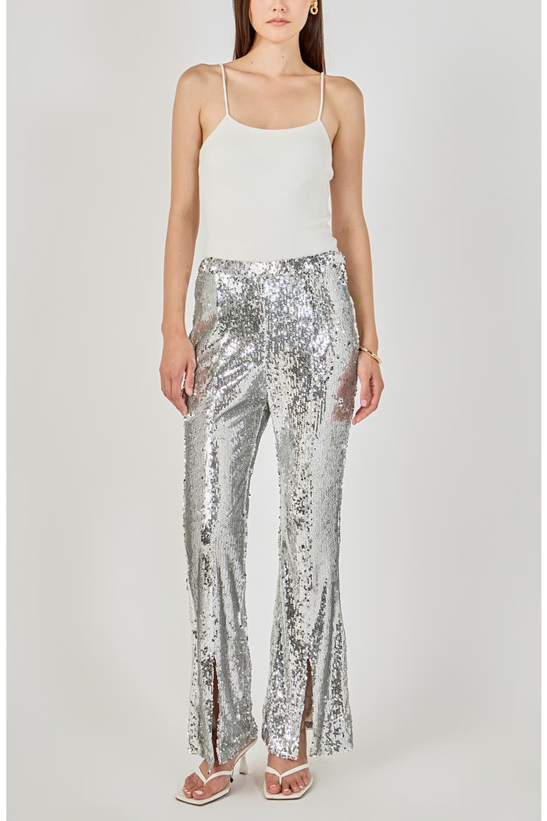 Sequin Slit Leg Flare Pants, Alternate, color, SILVER