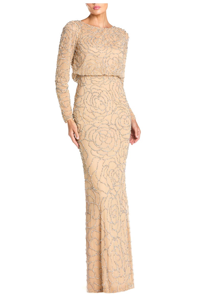Mac Duggal Long Sleeve Floral Beaded Blouson Gown, Main, color, Nude Silver