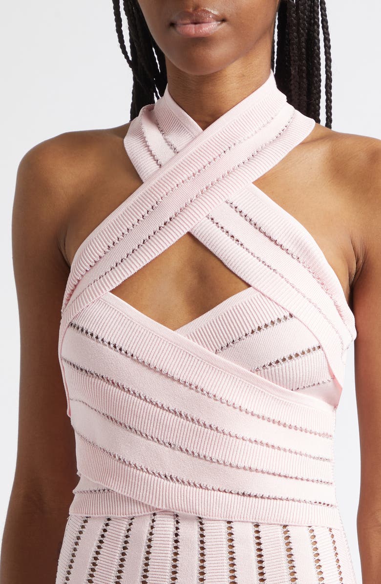 Balmain Crossover Neck Halter Open Stitch Sweater Dress, Alternate, color, 4Hq Pink