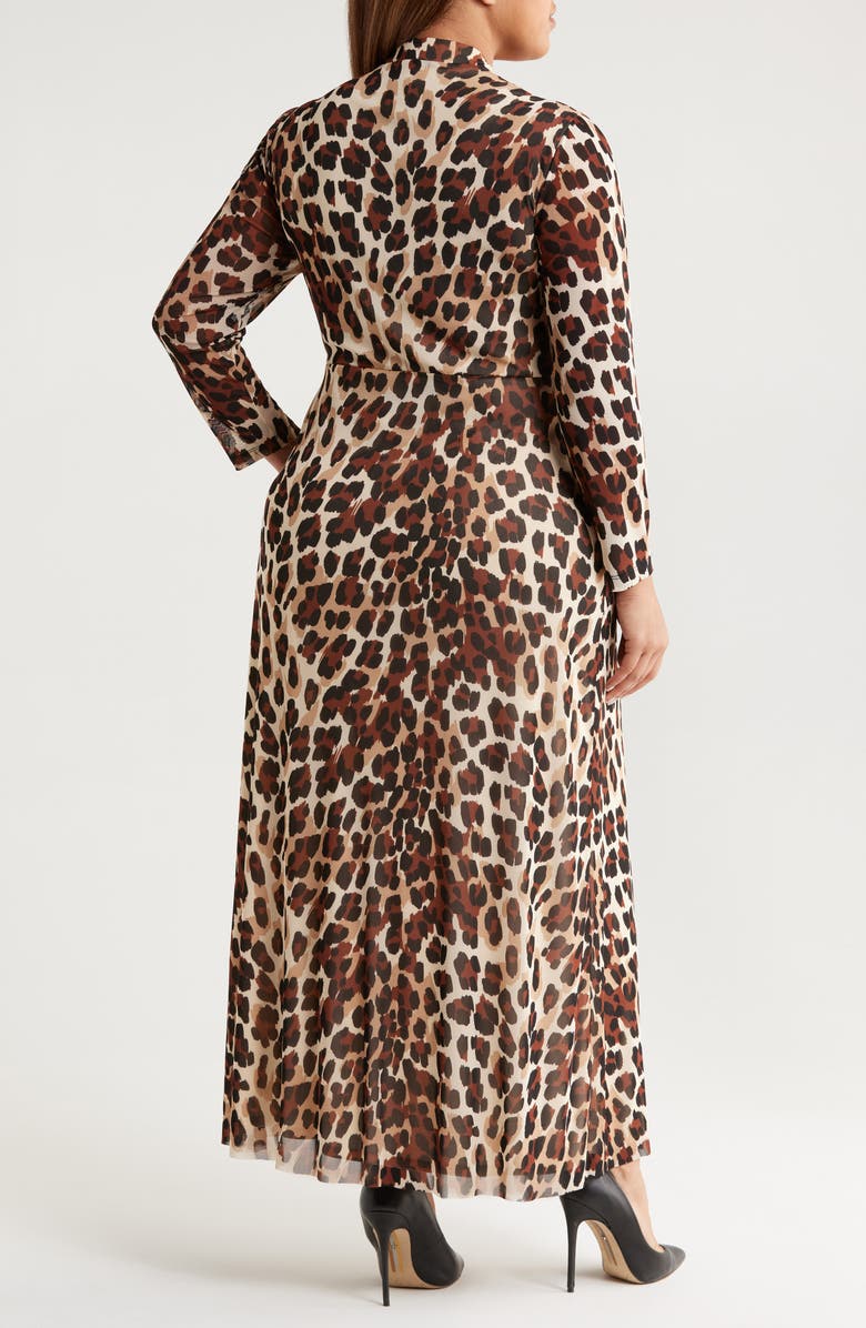 Anne Klein Leopard Print Twist Front Long Sleeve Mesh Maxi Dress, Alternate, color, Ivory/ Brown Leopard Print
