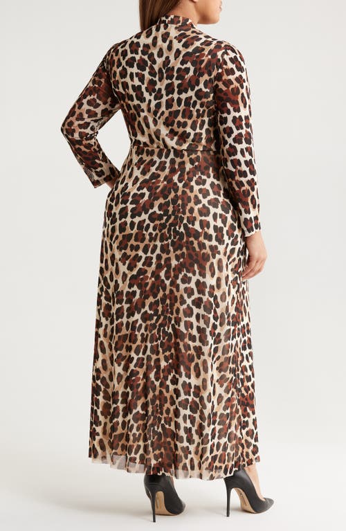 Anne Klein Plus Size Printed Mesh Long-sleeve Maxi Dress In Brown