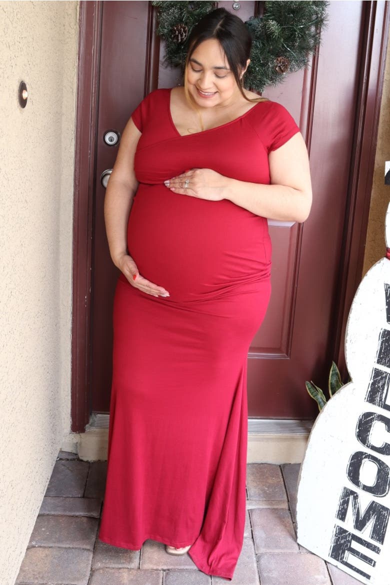 Off Shoulder Wrap Maternity Photoshoot Gown/Dress, Alternate, color, Burgundy