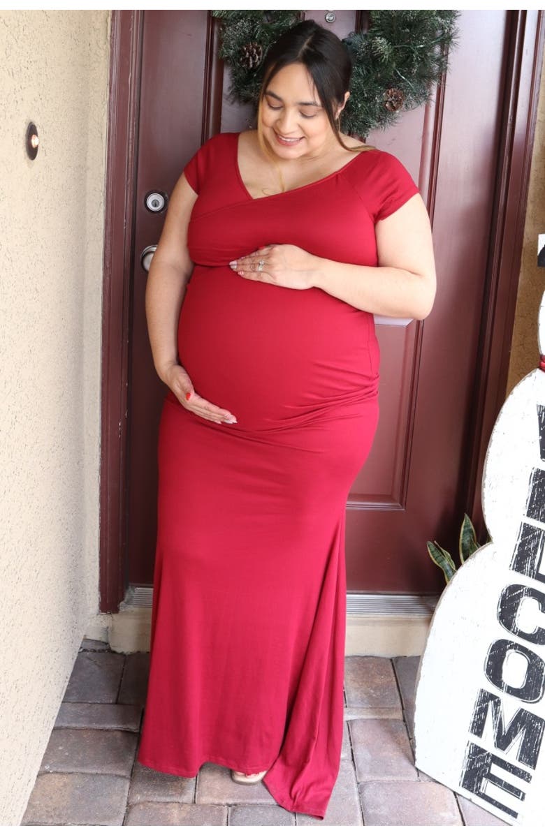 PinkBlush Off Shoulder Wrap Maternity Photoshoot Gown/Dress, Alternate, color, Burgundy