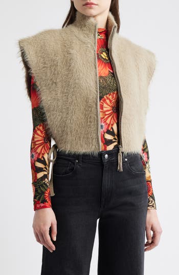 Farm Rio Faux Fur Crop Zip-up Vest In Brown