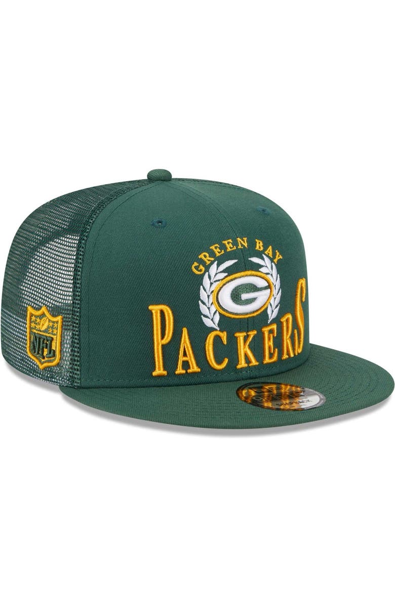 New Era Men's New Era Green Green Bay Packers Collegiate Trucker 9FIFTY Snapback Hat, Main, color,