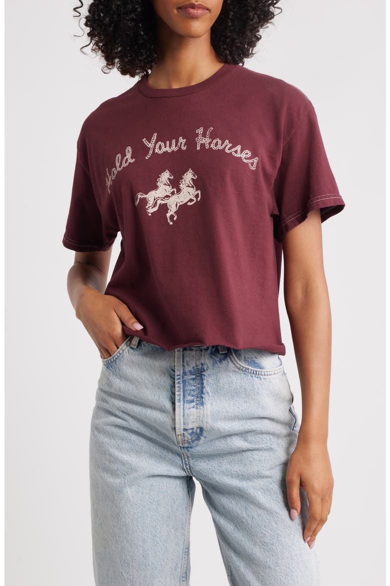 Hold Your Horses Crop Cotton Graphic T-Shirt, Main, color, MAROON