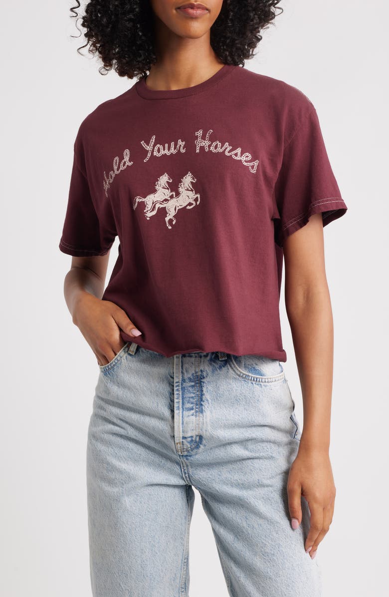 Vinyl Icons Hold Your Horses Crop Cotton Graphic T-Shirt, Main, color, Maroon