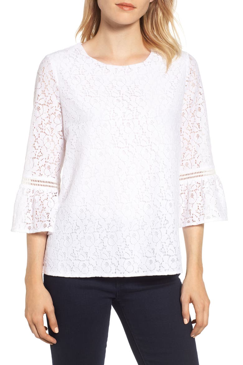 Gibson x Glam Squad Erin Allover Lace Bell Sleeve Top (Nordstrom Exclusive), Main, color, WHITE