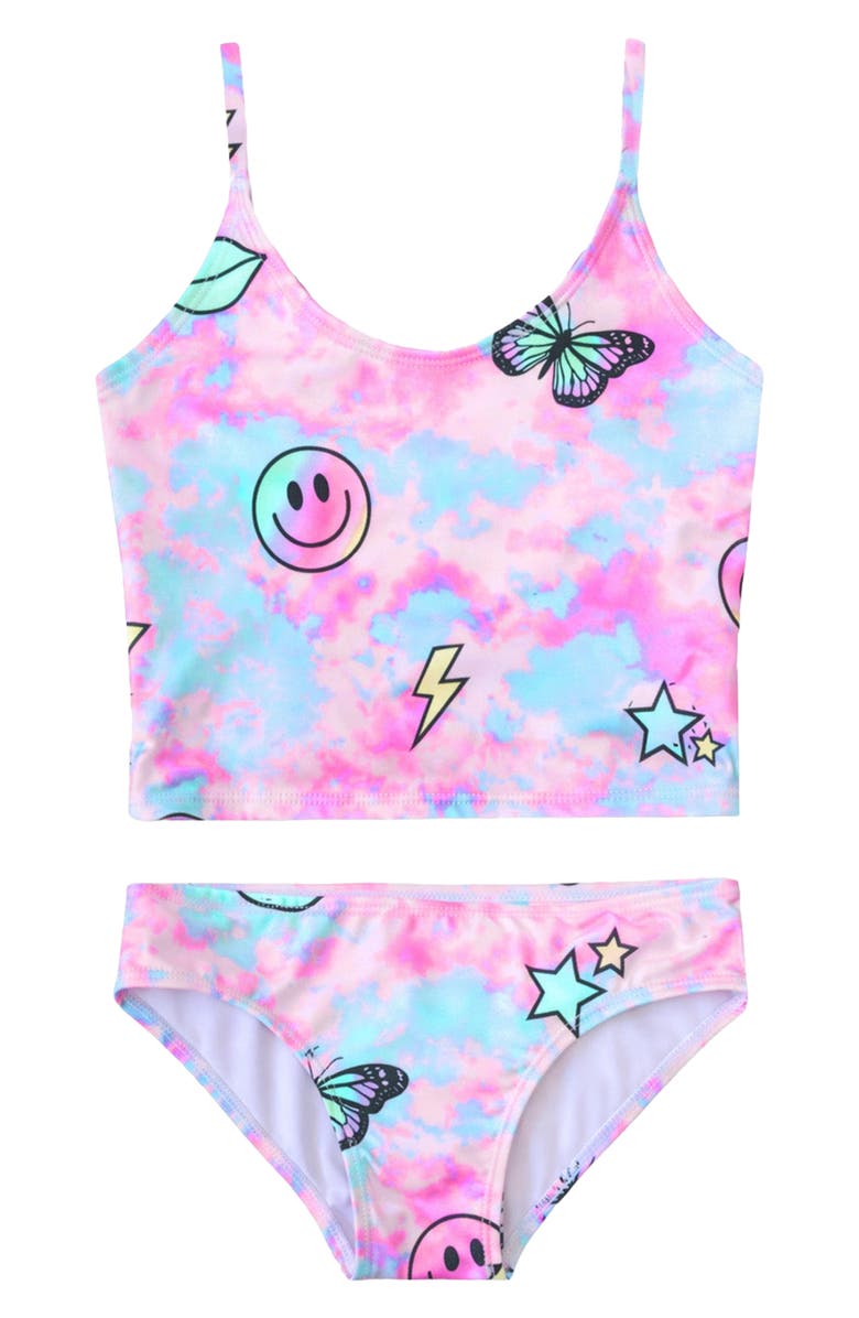 PixieLane Kids' High Shine Tankini Two-Piece Swimsuit, Main, color, Pastel Rainbow