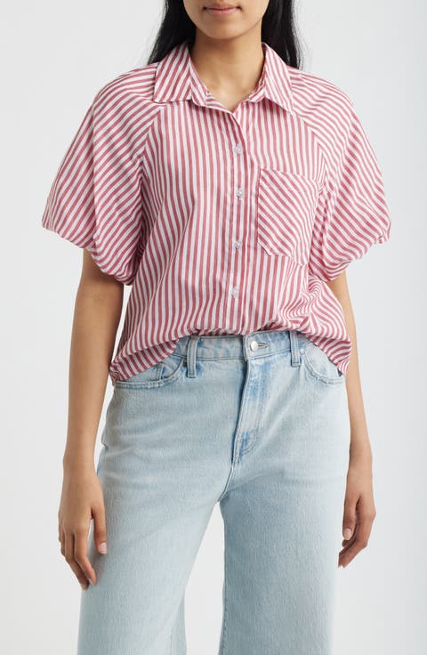 Biance Bubble Sleeve Button-Up Top