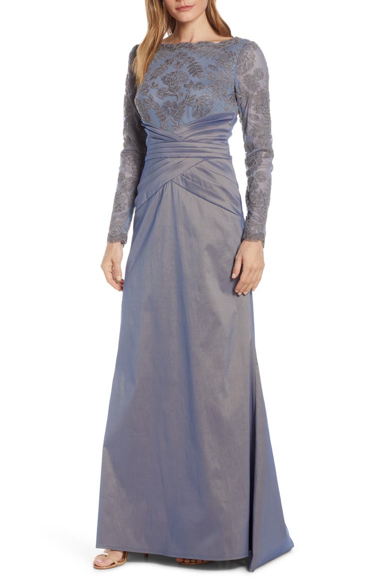 Embroidered Mesh & Taffeta Gown, Main, color, SLATE