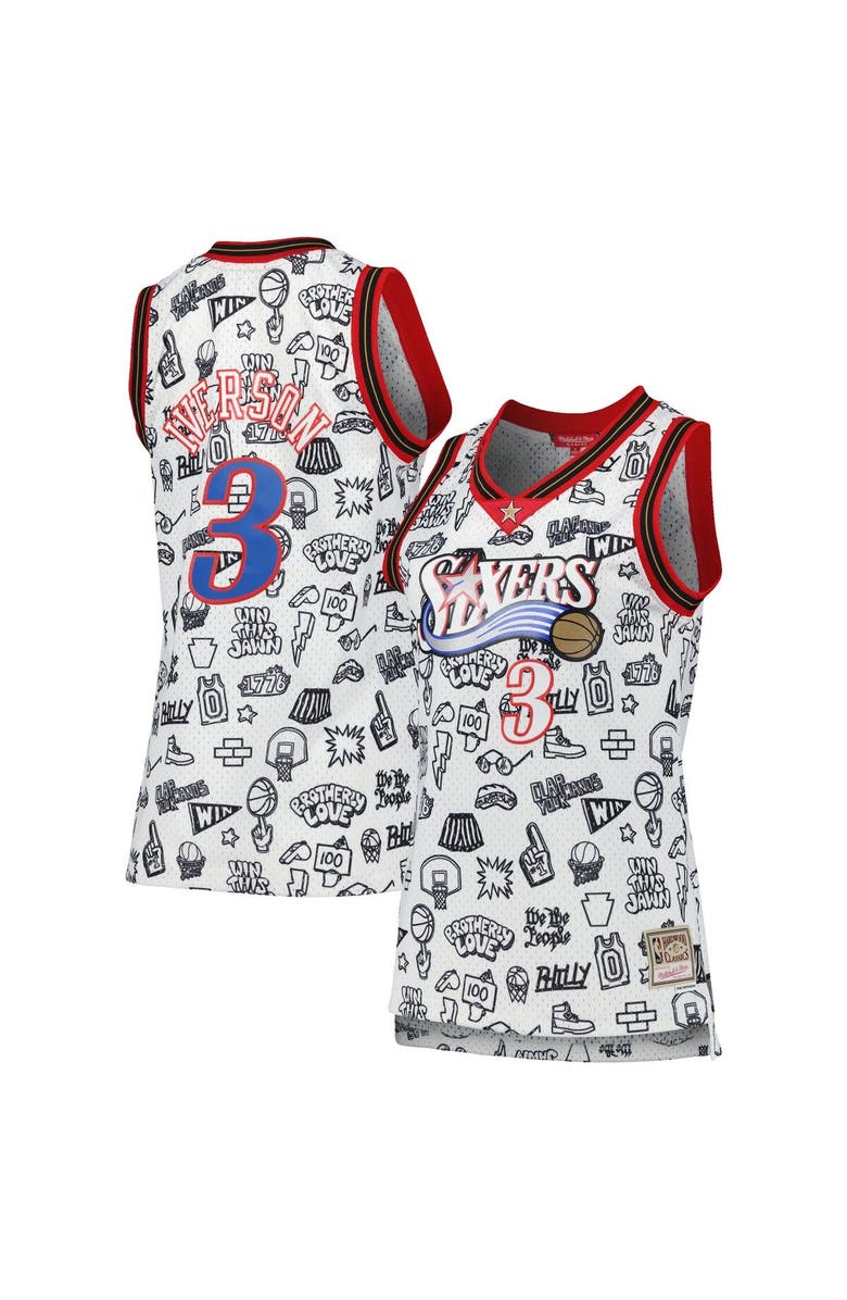 Mitchell & Ness Women's Mitchell & Ness Allen Iverson White Philadelphia 76ers 2000 Doodle Swingman Jersey, Main, color,