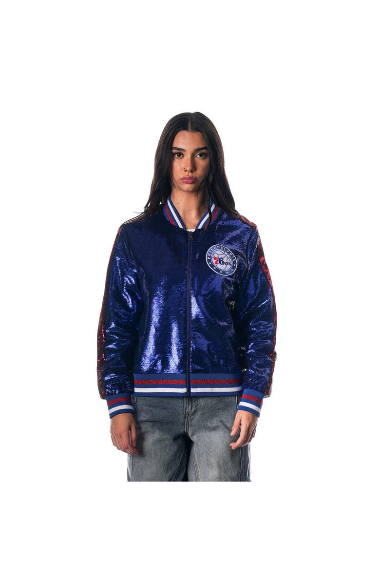 THE WILD COLLECTIVE Women's The Wild Collective Royal Philadelphia 76ers Sequin Bomber Full-Zip Jacket, Main, color, Royal