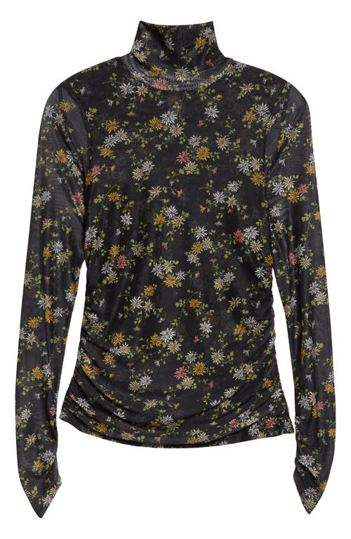 Cinq À Sept Floating Daisies Shirred Mesh Mock Neck Top In Black Multi