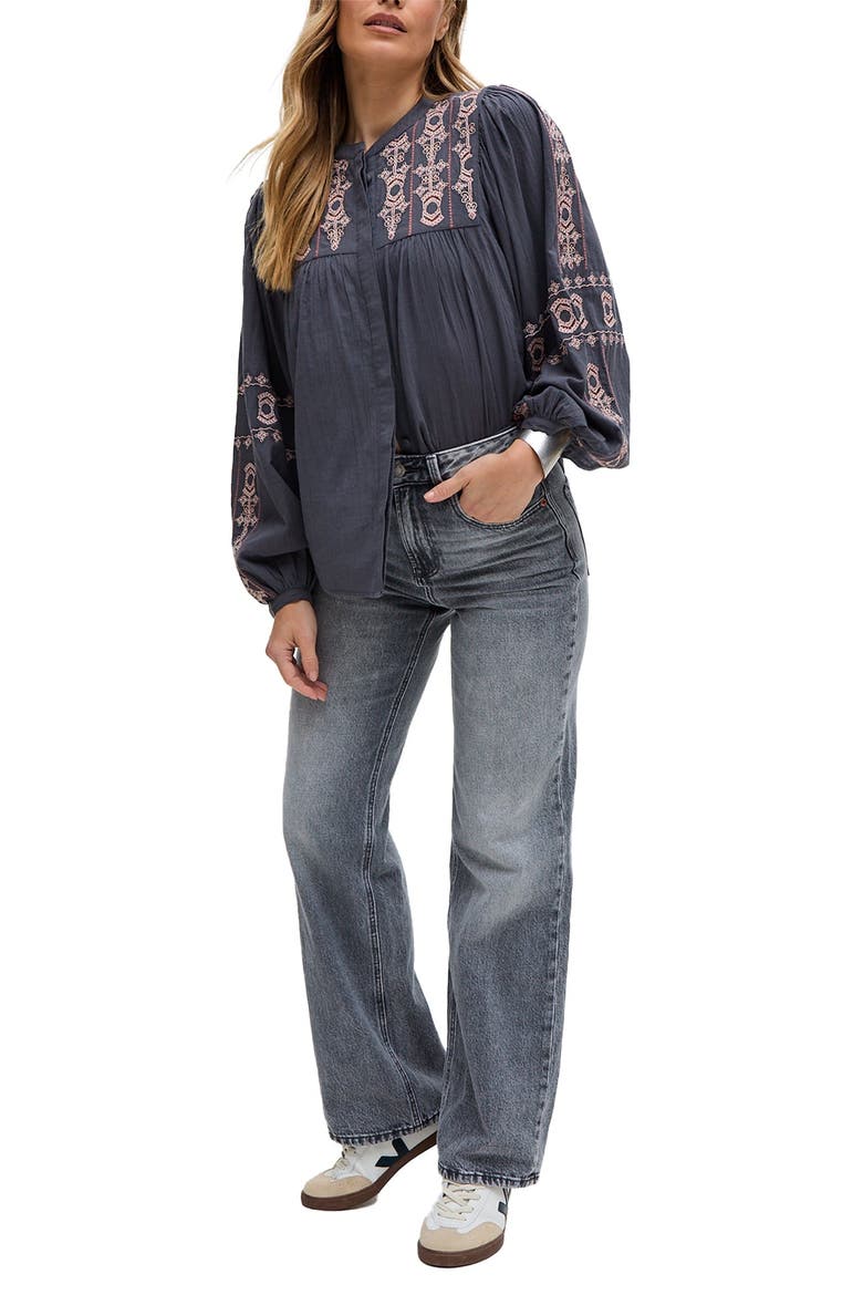 Demi Embroidered Ballon Sleeve Shirt, Alternate, color, Grey