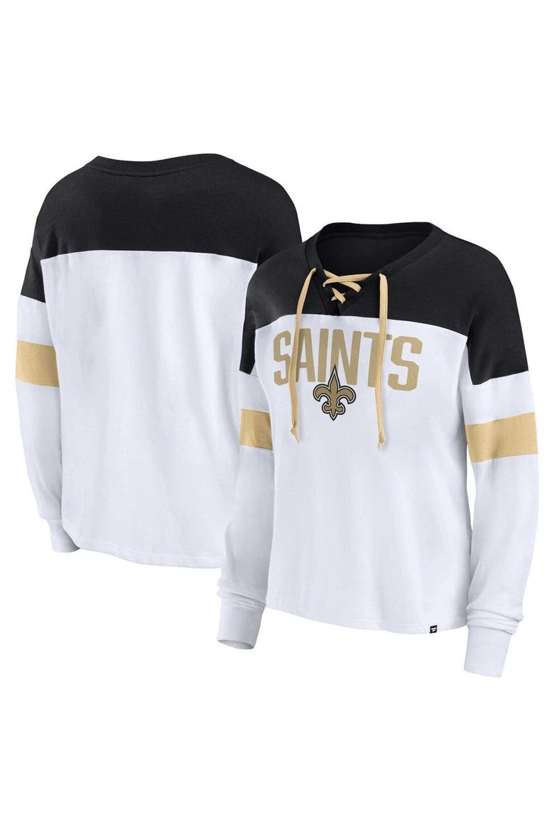 Women's Fanatics Branded White/Black New Orleans Saints Plus Size Even Match Lace-Up Long Sleeve V-Neck Top, Main, color, White
